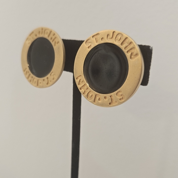 St. John gold tone black enamel earrings 1-1/4th in clip on - Picture 2 of 12